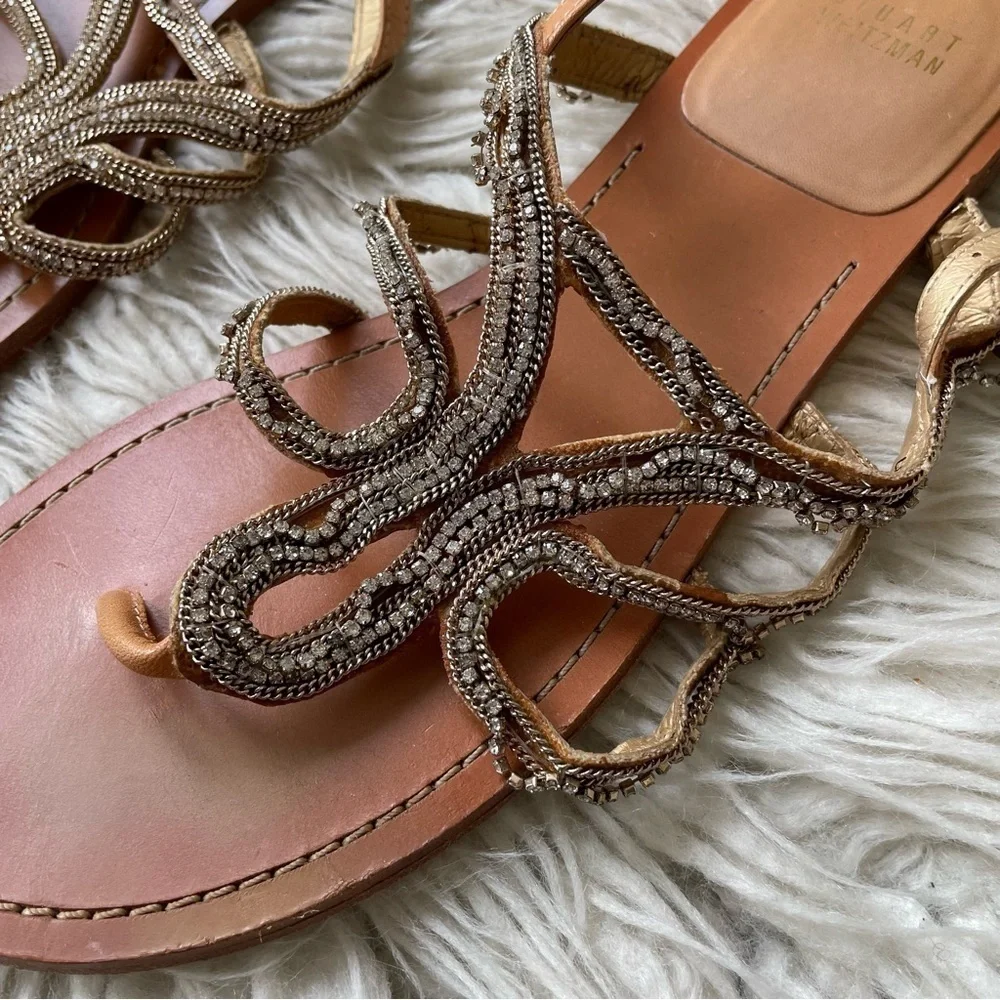 Stuart Weitzman Gold Thongshow Chain Crystals Embellished Flat Sandals Size 8.5